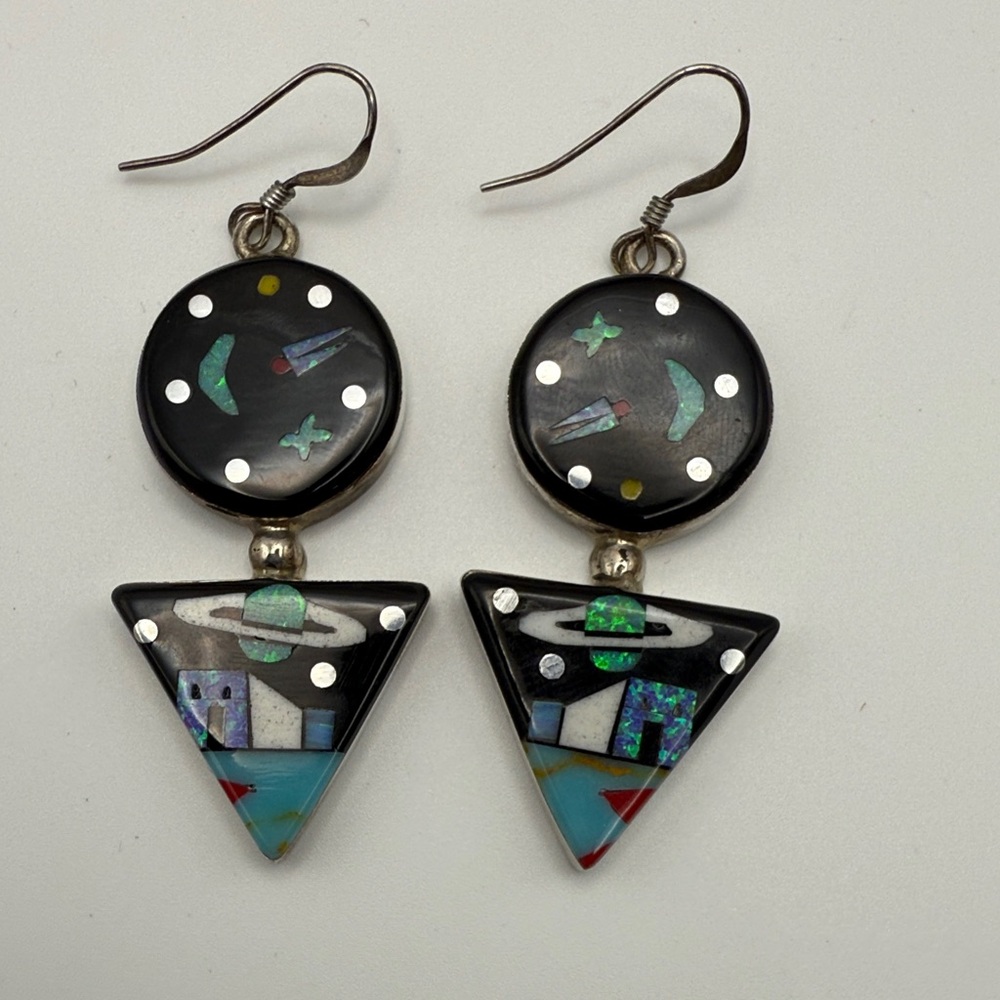 New 925 Sterling Silver Stone Inlay Outer Space Night Sky Hook Earrings